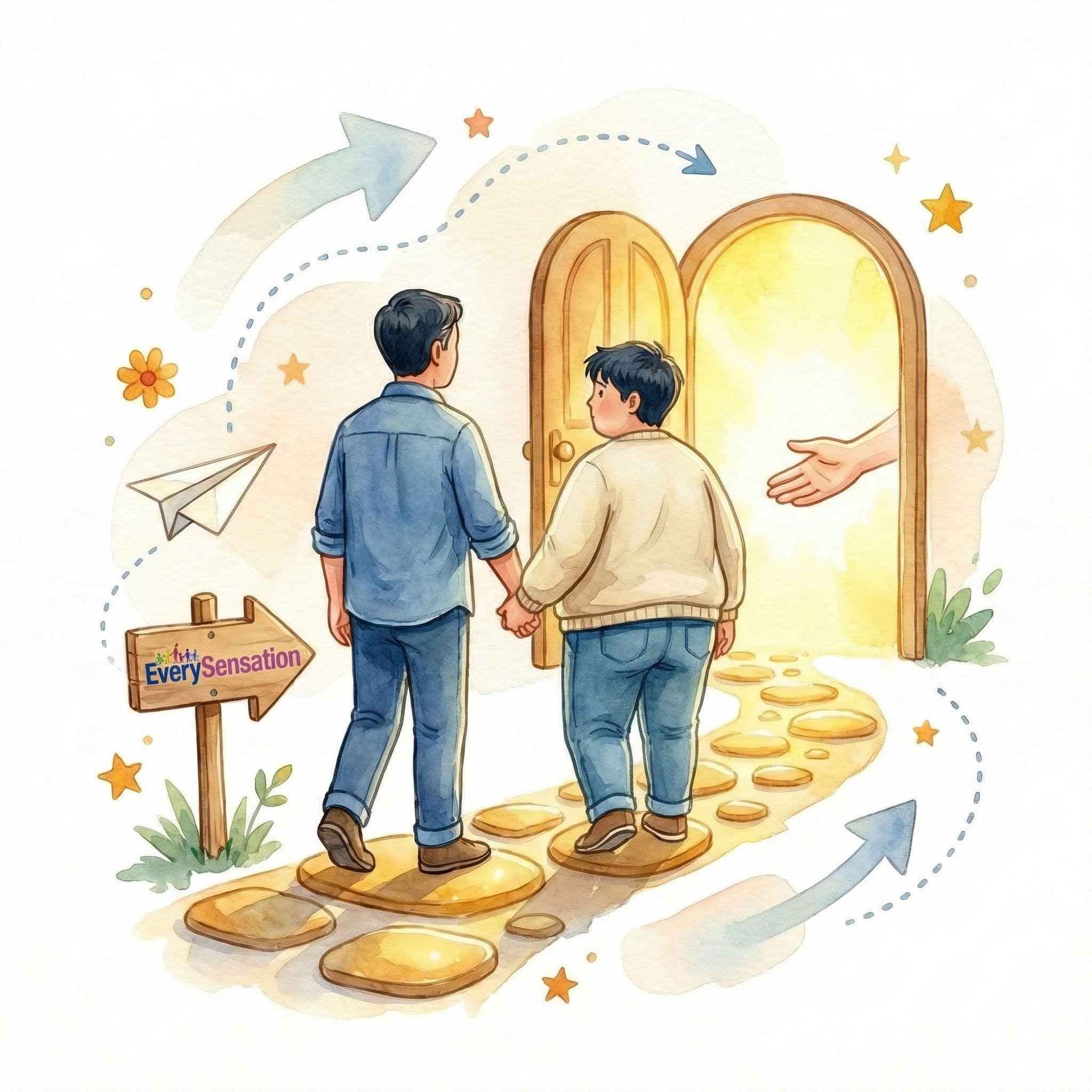 Watercolour illustration of a parent and child walking along golden stepping stones towards an open doorway, with an Every Sensation signpost guiding the way