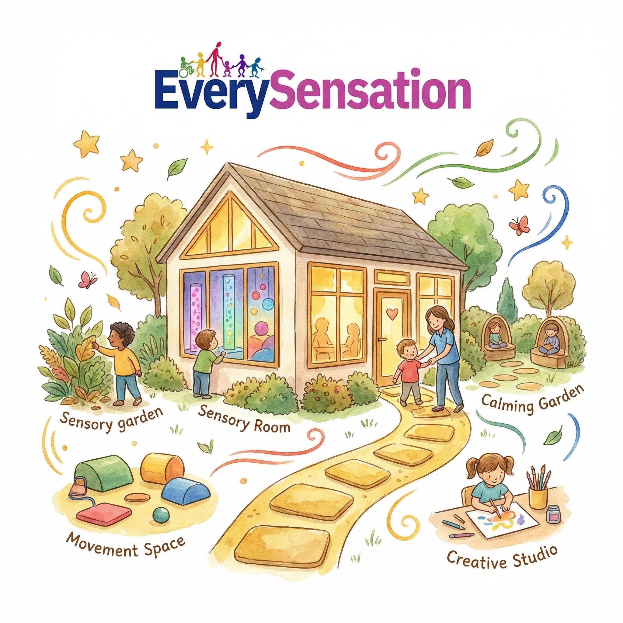 Watercolour illustration of the Every Sensation centre with children in a sensory garden, movement space, creative studio, and calming garden
