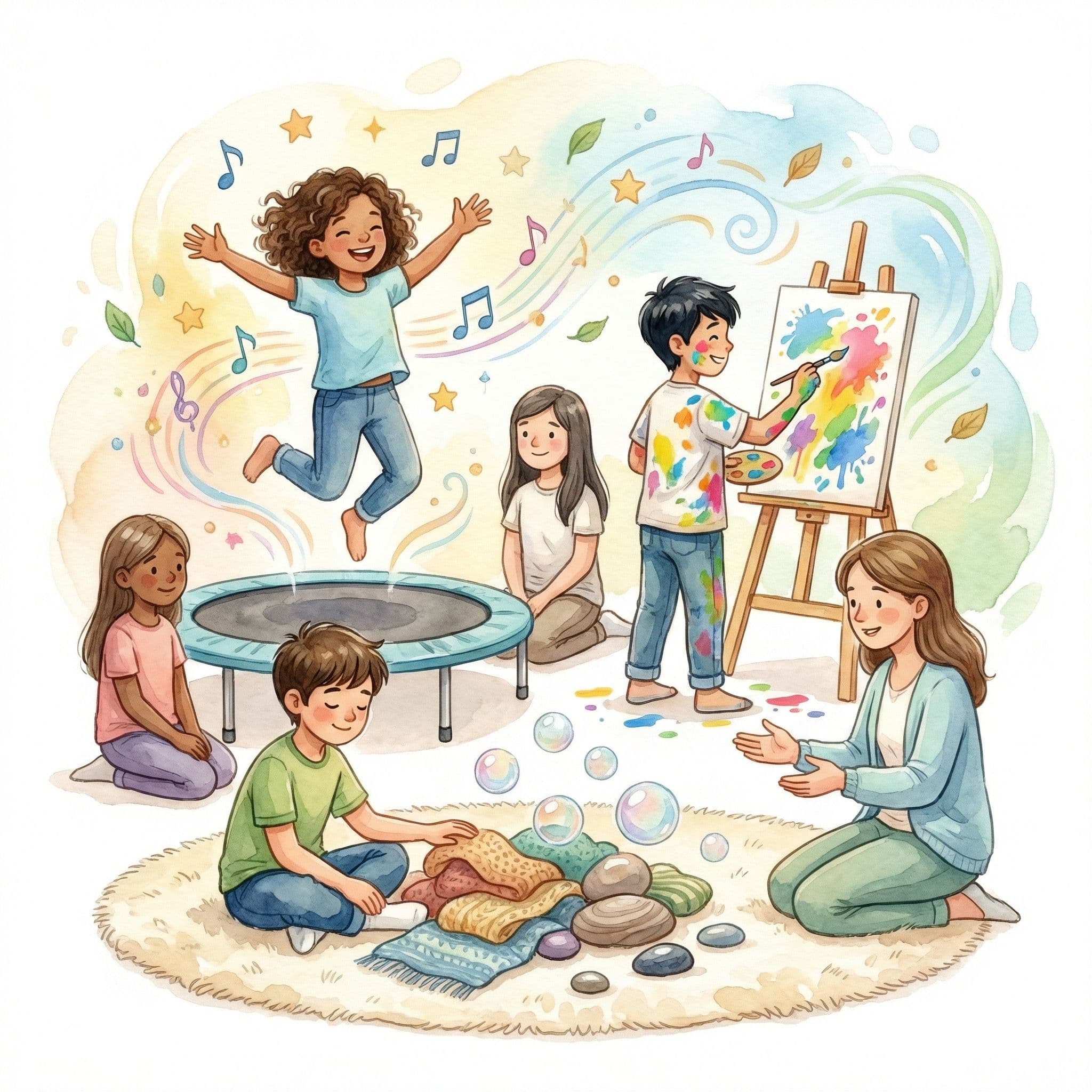 Watercolour illustration of children engaged in therapeutic activities — trampolining, painting, sensory exploration — with a supportive practitioner