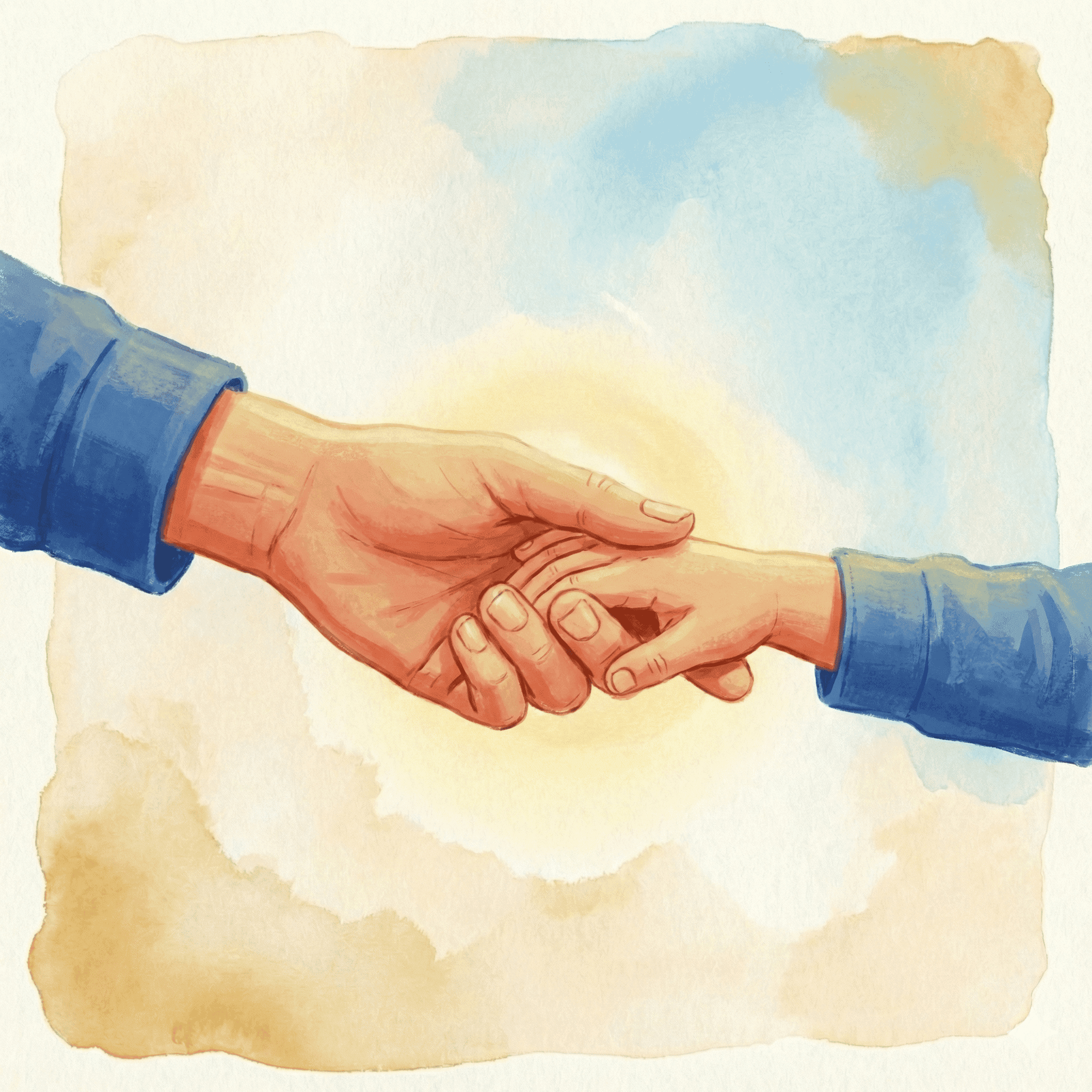 Illustration of an adult hand gently holding a child's hand