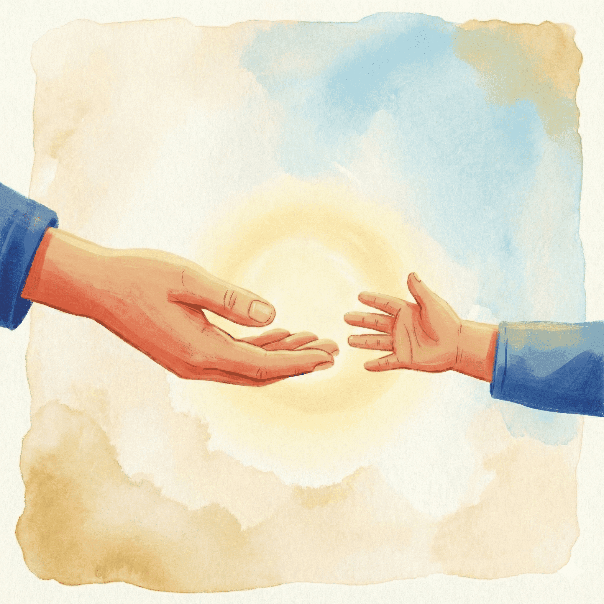 Illustration of an adult hand reaching toward a child's hand with a warm glow