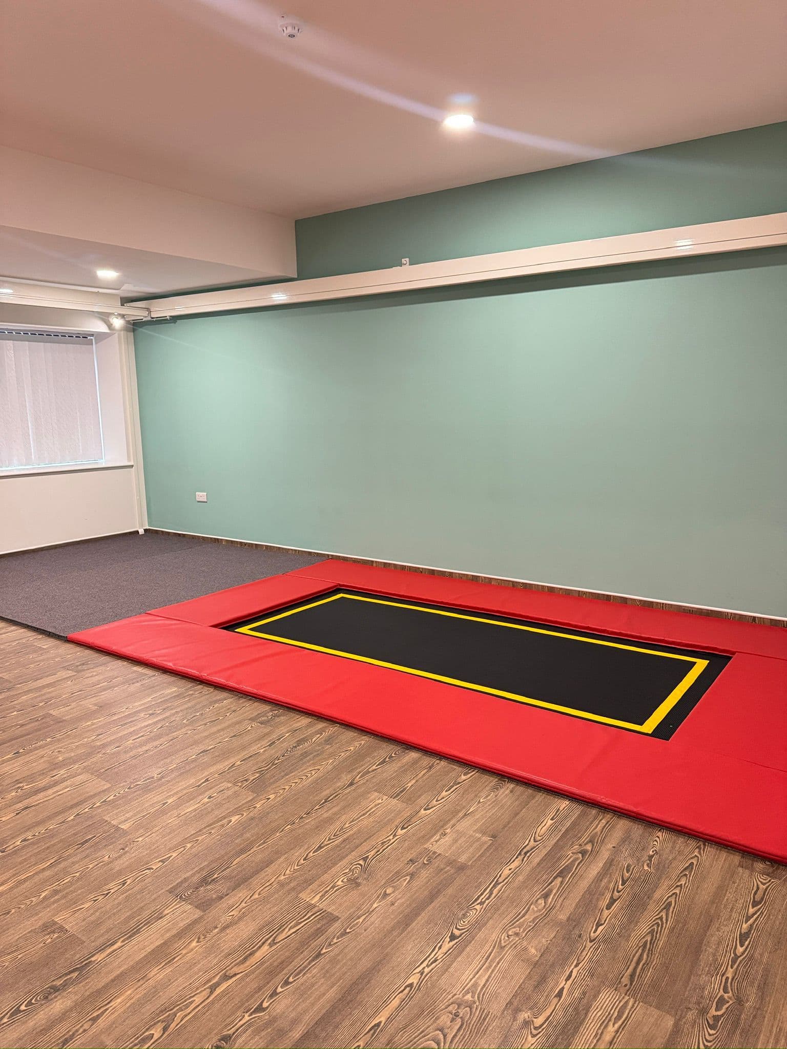 Trampoline room with padded surroundings and accessibility hoist