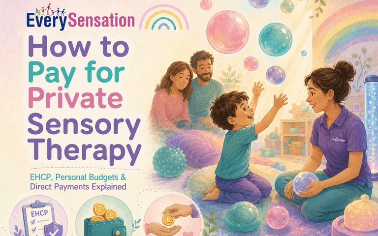 Therapist working with a child in a sensory room, with funding routes illustrated below.