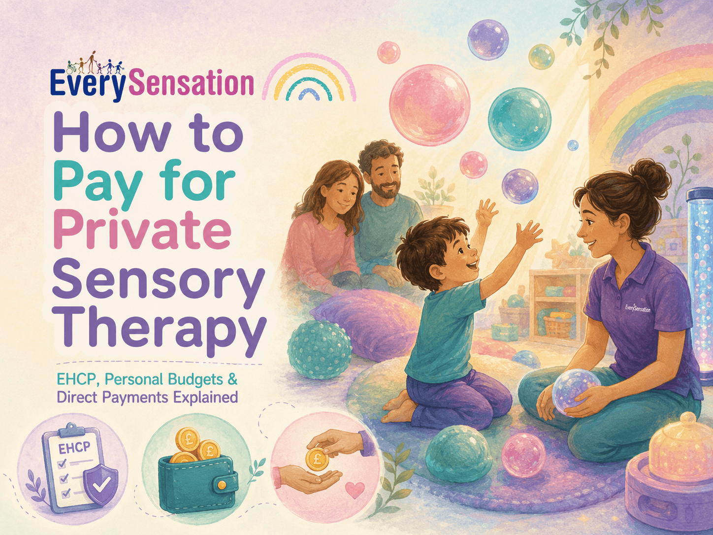 Therapist working with a child in a sensory room, with funding routes illustrated below.